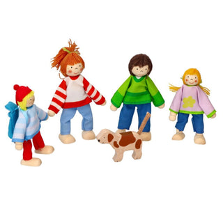 Koka leļļu ģimene- vecāki, bērni un sunītis, lokanās koka lellītes Goki