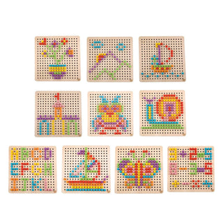 Peg mosaic with a wooden base and pattern cards