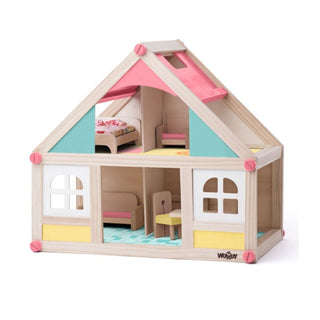 Wooden dollhouse with furniture and 2 dolls