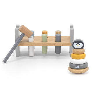 Attīstošo koka rotaļlietu komplekts- āmurēšanas spēle un piramīda, Pingvīni