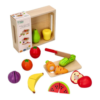 Cuttable wooden fruits and vegetables in a box