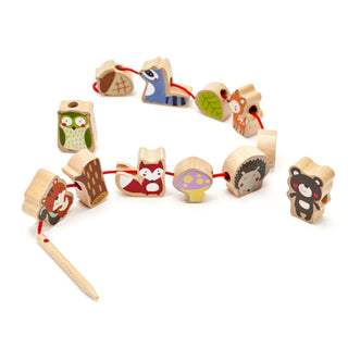 Forest animals wooden threading beads with a needle