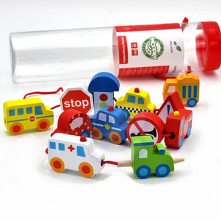 Cars wooden threading beads with a needle
