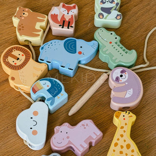 Animals - wooden pastel threading beads with a needle