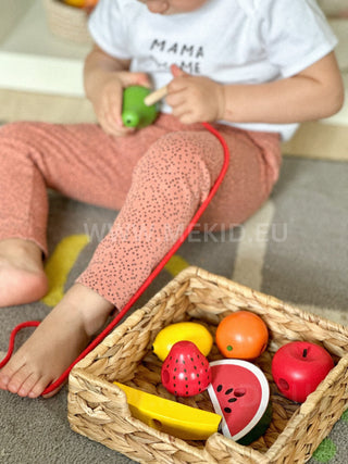 Wooden fruit for threading, with a wooden needle, 7 pcs