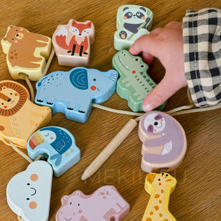 Animals - wooden pastel threading beads with a needle