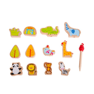 Zoo animals wooden threading beads with a needle