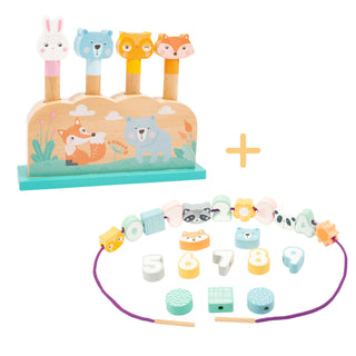 Pastel motor skills toy set from 18 months- pop up game and threading beds