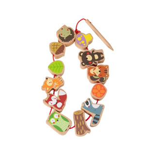 Forest animals wooden threading beads with a needle