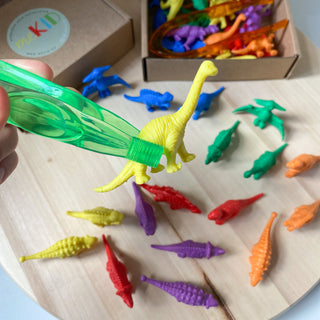 Dinosaur color sorting and counting set- 18 dinosaurs, 1 tweezer