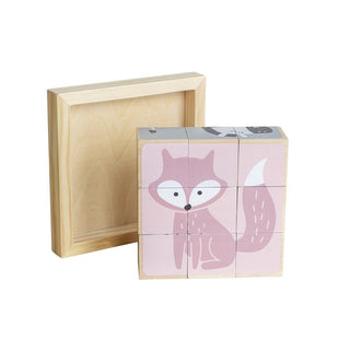 Pastel animals 6-side puzzle blocks in wooden frame