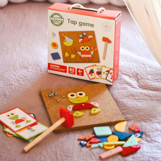 Tap tap  hammering game with a cork base and picture cards