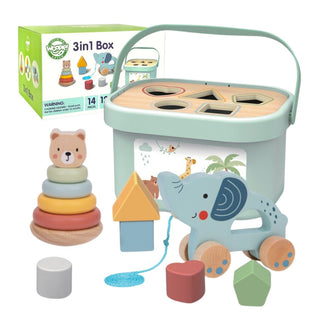 3 in 1 attīstošo koka rotaļlietu komplekts, dāvanu komplekts no 1 gada- figūru sortieris, piramīda un velkamā rotaļlieta