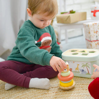 3 in 1 attīstošo koka rotaļlietu komplekts, dāvanu komplekts no 1 gada- figūru sortieris, piramīda un velkamā rotaļlieta