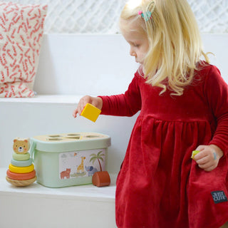 3 in 1 attīstošo koka rotaļlietu komplekts, dāvanu komplekts no 1 gada- figūru sortieris, piramīda un velkamā rotaļlieta