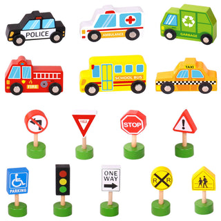Wooden vehicle and road sign play set