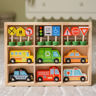 Wooden vehicle and road sign play set
