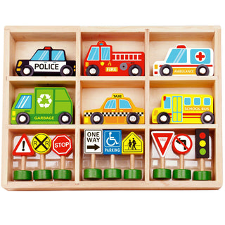 Wooden vehicle and road sign play set