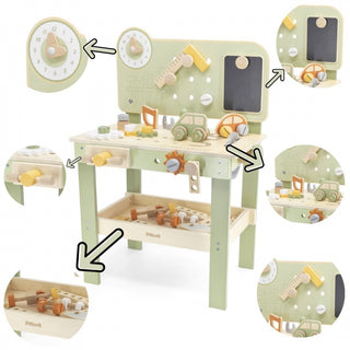 Koka meistara darbagalds bērniem ar instrumentiem un aksesuāriem