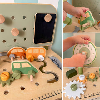 Koka meistara darbagalds bērniem ar instrumentiem un aksesuāriem