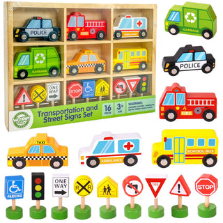 Wooden vehicle and road sign play set