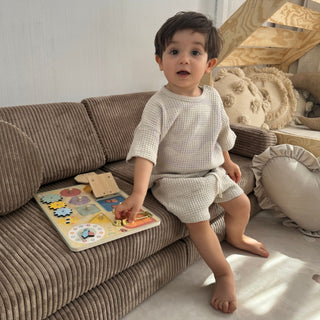 Wooden motor skills board- peg puzzle, locks and gears