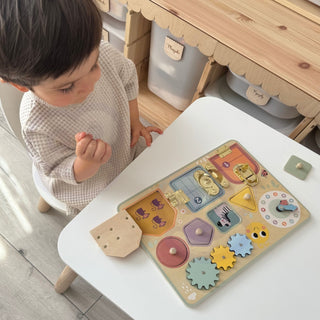 Wooden motor skills board- peg puzzle, locks and gears