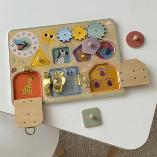 Wooden motor skills board- peg puzzle, locks and gears