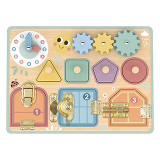 Koka motorikas aktivitāšu dēlītis- tapiņu puzle, slēdzenes, zobrati