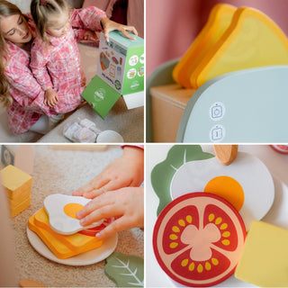 Koka tosteris bērniem- brokastu komplekts ar koka pārtikas produktiem
