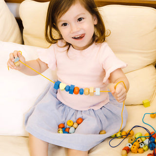 Wooden threading bead set for kids- 90 wooden lacing beads and strings