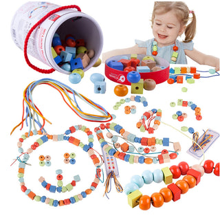 Wooden threading bead set for kids- 90 wooden lacing beads and strings