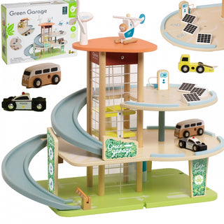 Lielais rotaļu koka parkings ar auto- eko enerģija