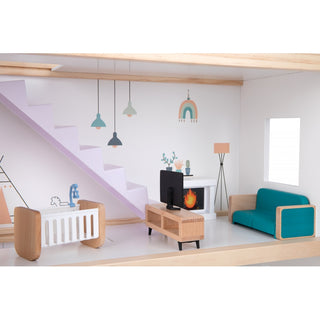 Lielā koka leļļu māja ar mēbelēm un lellīšu ģimeni