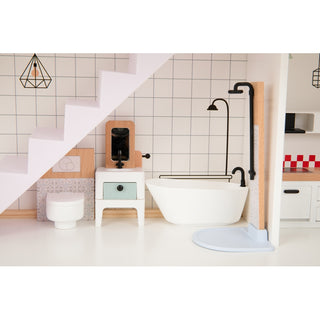 Lielā koka leļļu māja ar mēbelēm un lellīšu ģimeni