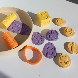 Lieldienu plastilīna veidošanas piederumu komplekts- 2 tekstūras rullīši, tekstūras 6in1 kubs, olas formiņa