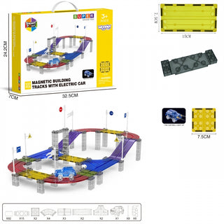 Lielā magnētiskā trasīte ar elektrisko led automašīnu, magnētisko bloku konstruktors 137 gab