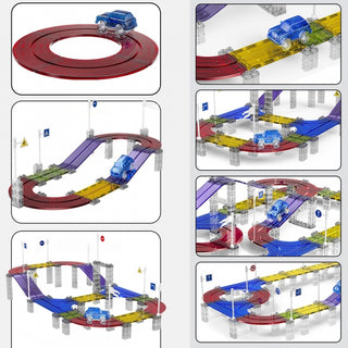 Lielā magnētiskā trasīte ar elektrisko led automašīnu, magnētisko bloku konstruktors 137 gab