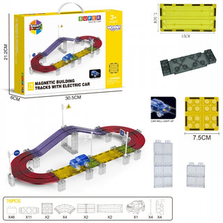 Magnētiskā trasīte ar elektrisko led automašīnu, magnētisko bloku konstruktors 76 gab