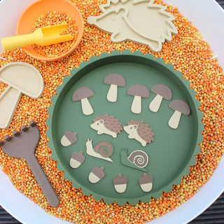 Rudens sensoro rotaļu eko figūriņas 14 gab- sēnes, zīles, eži, gliemeži, sensory mini loose parts