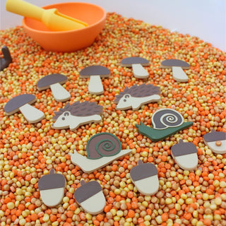 Rudens sensoro rotaļu eko figūriņas 14 gab- sēnes, zīles, eži, gliemeži, sensory mini loose parts