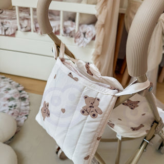 Salokāmi leļļu rati ar lācīšu apdruku