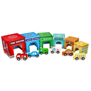 Stackable cube tower with wooden vehicles