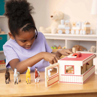 Horse play set for kids- wooden horse stable and 8 toy horse figurines, Melissa & Doug