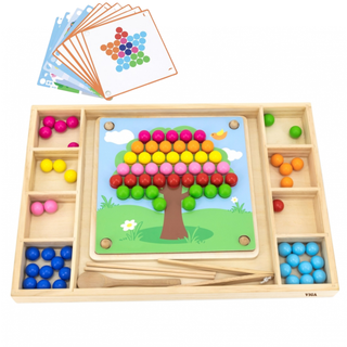 Lielais koka bumbiņu mozaīkas attīstošais komplekts ar paplāti un maināmām kartiņām