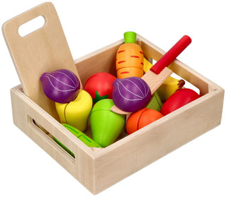 Cuttable wooden fruits and vegetables in a box
