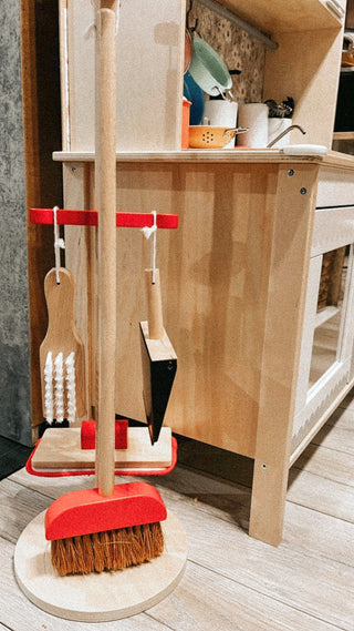 Children's cleaning set with a wooden stand