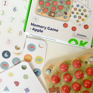 Wooden apple memory game with changing cards