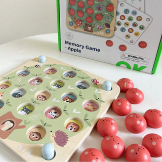 Wooden apple memory game with changing cards