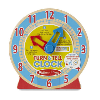 Turn and read - a mechanical educational wooden clock for children with a digital time box and task cards